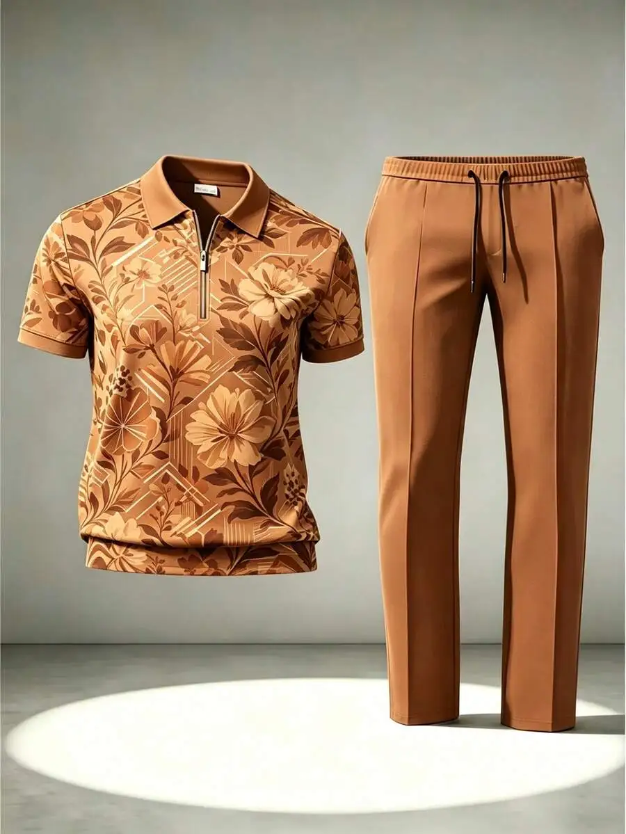Conjunto de Sudadera Polo Casual con Cierre de Cremallera y Pantalones con Cordón para Hombre, Estampado Floral 3D, 100% Poliéster, Estampado Floral Marrón