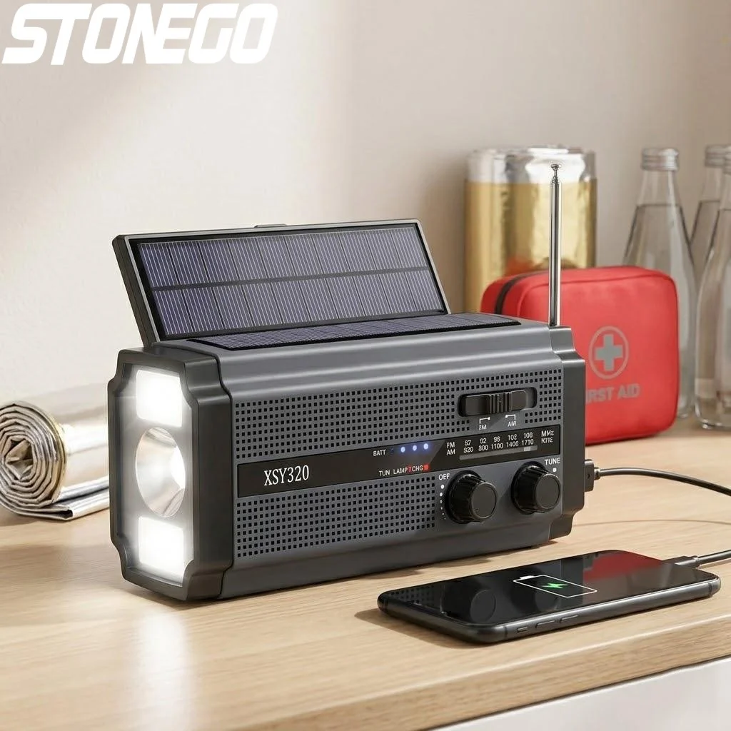 ソーラークランク式非常用ラジオ-am-fm-5000mah-ダイナモ-led懐中電灯-読書灯-sosアラーム-キャンプ-ハイキング-アウトドア用