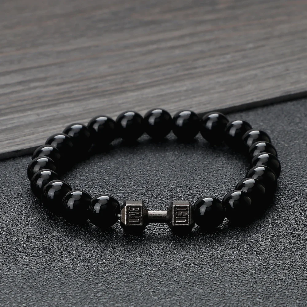 Gym Dumbbells Beads Bracelet Natural Stone Barbell Energy Weights Bracelets for Women Men Couple Wristband Jewelry Gift