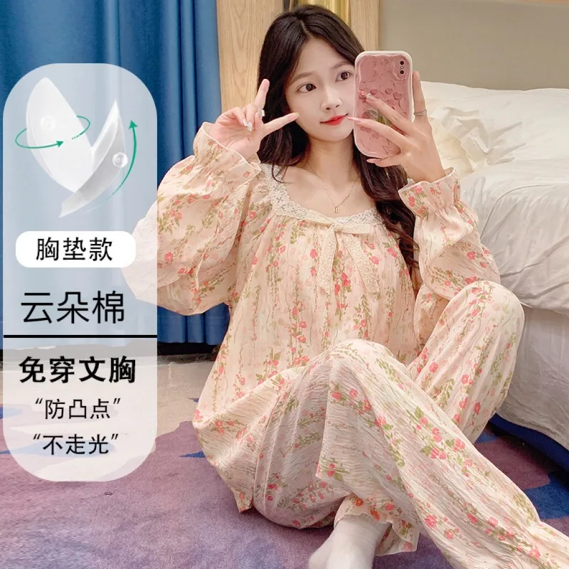 New Spring Autumn Women Loungewear Lace Trim Pajamas Girl Ladies Long Sleeve Set with Chest Pad Soft Comfortable Homewear Woman