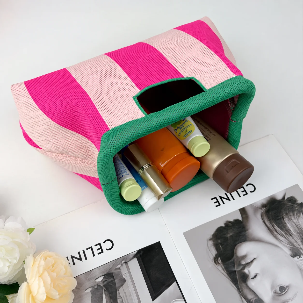 Large Capacity Handbag Knitted Top Handle Tote Bag Stripe Knitted Bag Striped Knitted Flyweave Top Handle Bag For Daily Dating