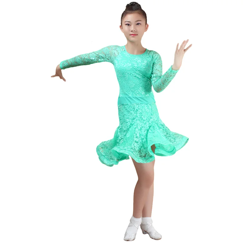 Girls Lace Ballroom And Latin Dance Dresses For Sale Cha Cha Rumba Samba Jive Long Sleeves Children Teen Latino Dress
