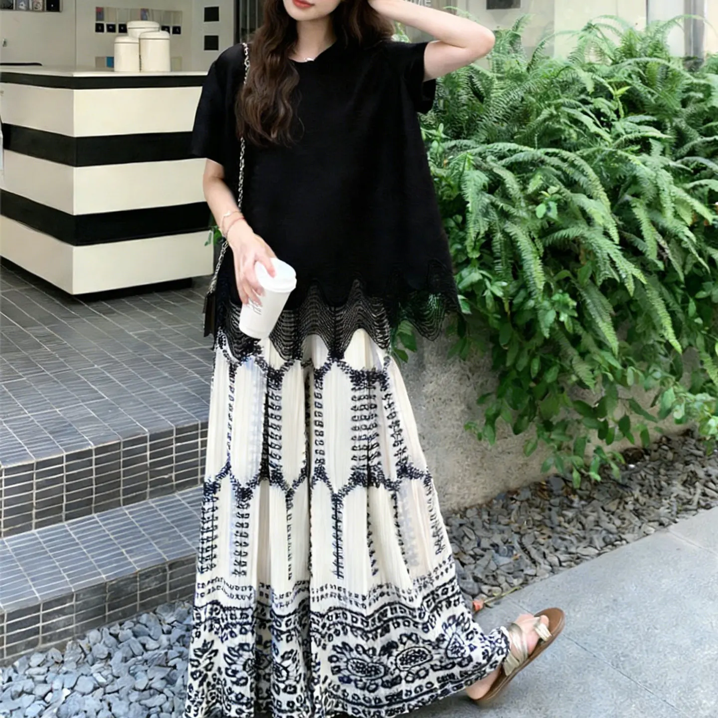 Miyake Fold 2026 New Fashionable Printed Wide Leg Pants Two Piece Set for Women's Summer New Design Sensation Slimming Set