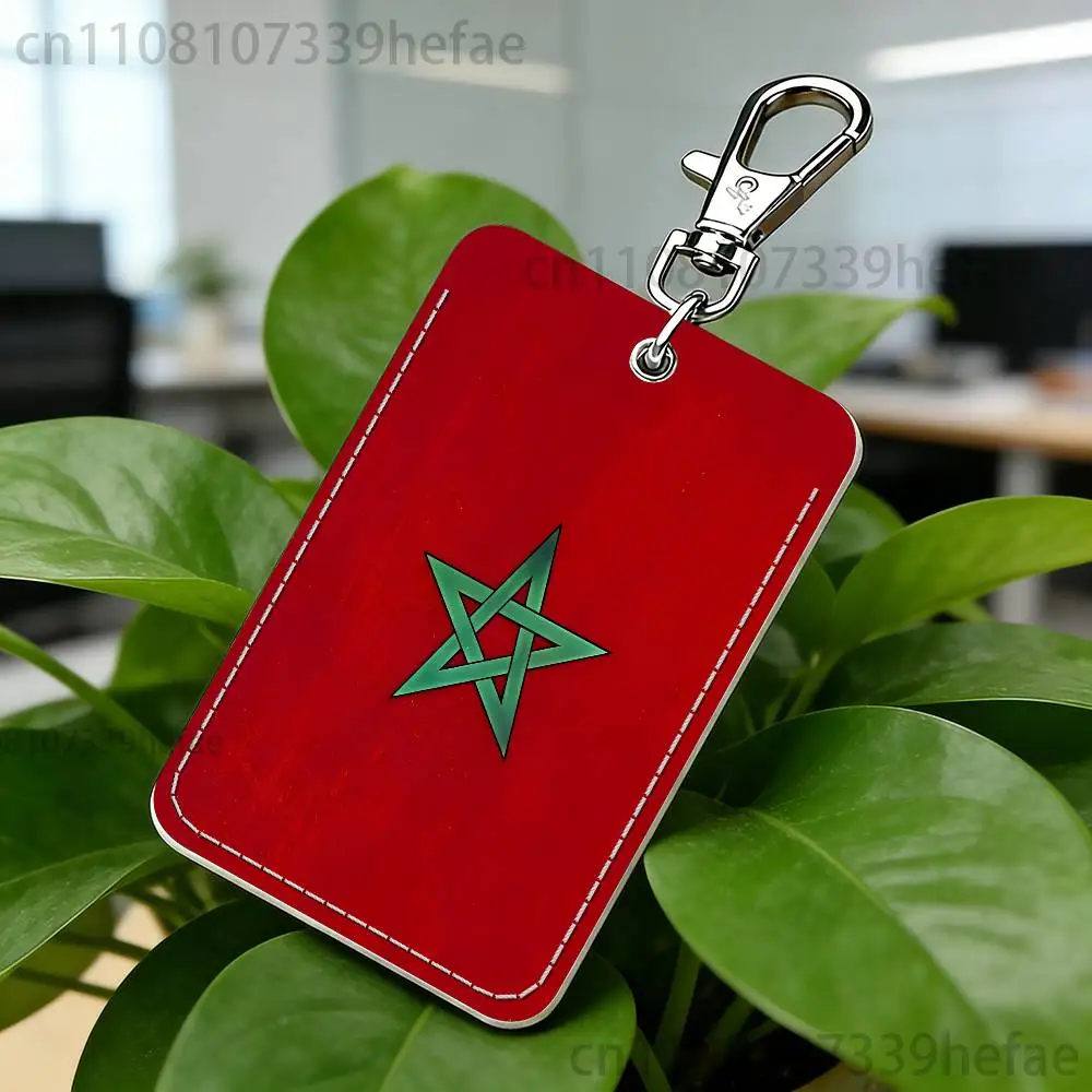 M-Morocco Flag  Pattern 1Pc PU Leather Card Holder Keychain Key Ring Door Lock Access Tags ID Card Case Keychain Card