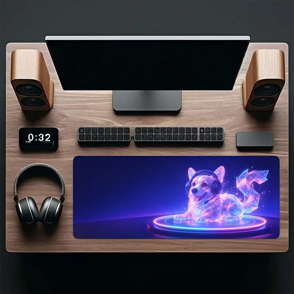 Neon holographic animal playmat purple blue particle glowing tech gaming office mousepad