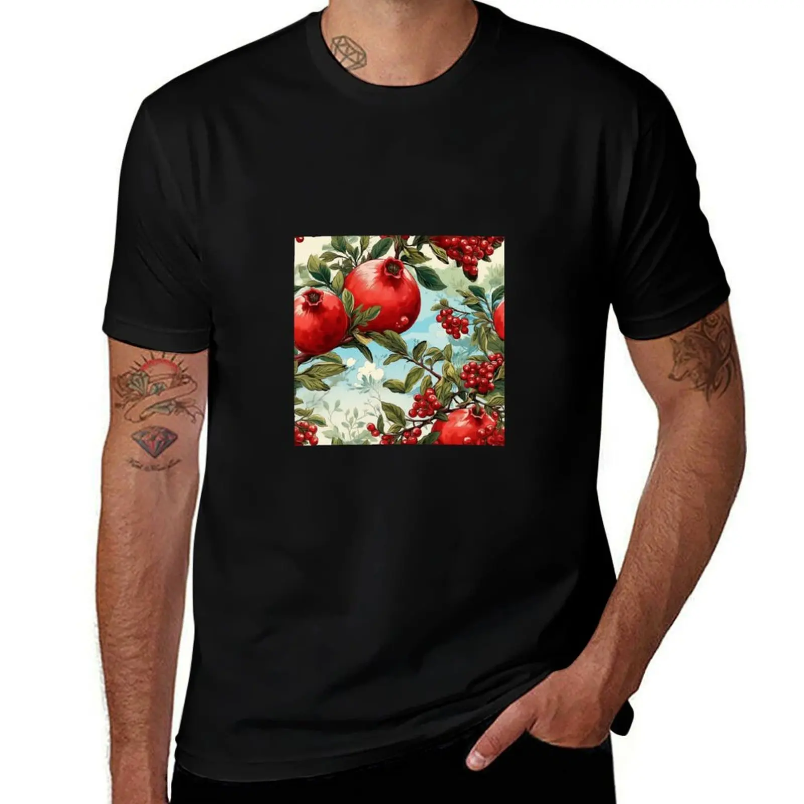 

Red pomegranates and seeds against the blue sky T-Shirt t shirt man casual t shirt for man 100 percent cotton T-Shirt