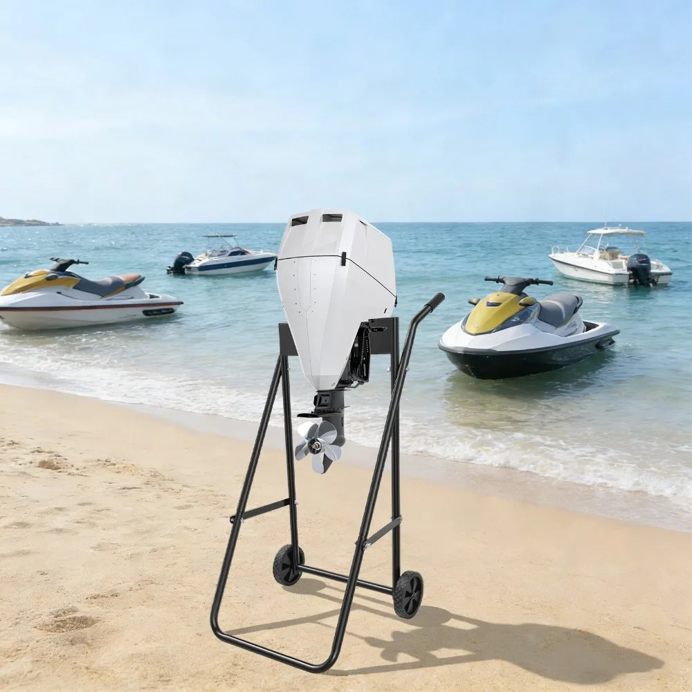 Foldable Outboard Boat Motor Stand, Outboard Machine Trailer, Strong Steel Frame, Anti-Rust Coating, Two Rubber Wheels, Portable Motor Dolly, Smooth Surface