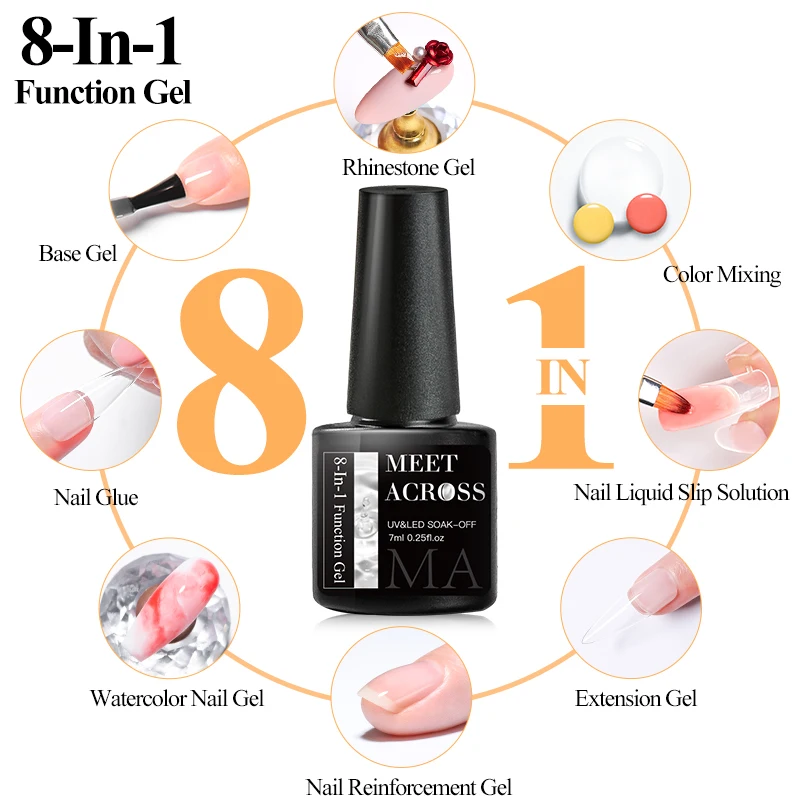 MEET ACROSS 7ml 8 In1 네일 젤 베이스 블루밍 익스텐션 강화 라인스톤 젤 & 네일 글루 슬립 솔루션 컬러 믹싱으로 사용