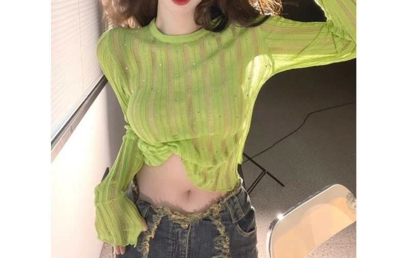 Pure Desire T-shirt a maniche lunghe da donna con copertura solare lavorata a maglia in seta di ghiaccio cava sottile estiva