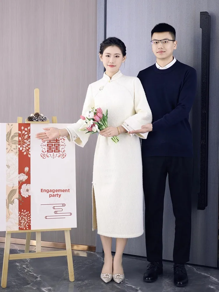 

Ele White Wedding Dr New Chinese Sle Bridal Suit for Women Low Slit Long Sve Vintage Faion