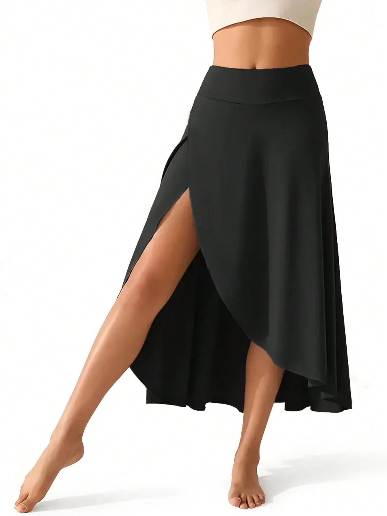 Saia esportiva dividida de cintura alta 2 en 1 feminina com bolsos internos, leve e elástica para uso ativo-casual cor sólida