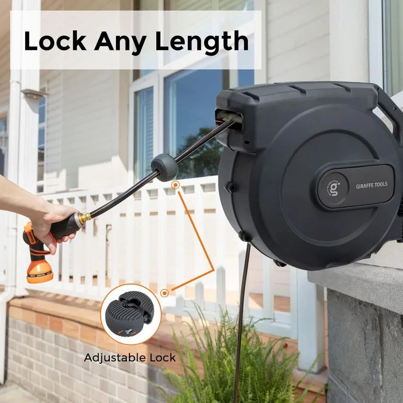 Retractable Garden Hose Reel 1/2 Inch x 130 ft, Super Heavy Duty, Any Length Lock, Slow Return System, Wall Mounted and 180