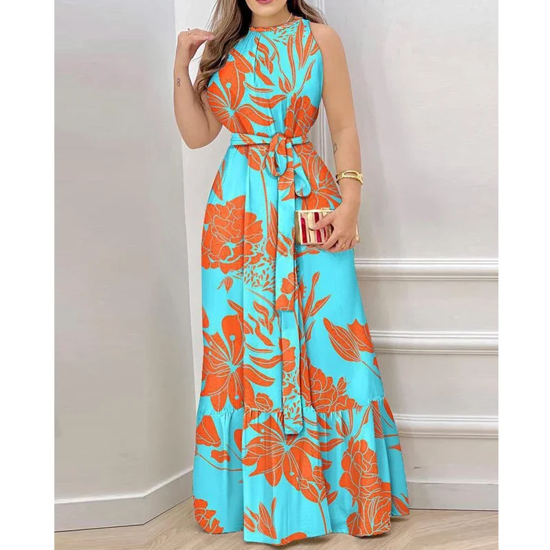 Ruffle Floral Printed Lace Up High Waist Elegant Party Dresses for Women 2023 Summer Fashion Sleeveless Slim Maxi Dress Vestidos