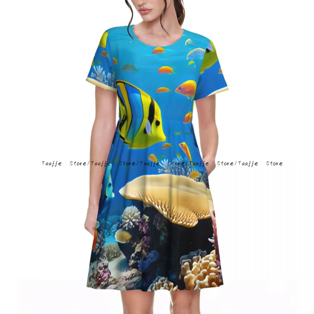 

Women Dress Tropical Fish And Coral Reef Summer Elegant O Neck Short Sleeve Female Casual Loose Long Dress