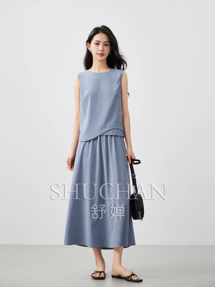 

Simplified Light French Wavy Curved Hem Sleeveless Shirt + Skirt Temperament Simple Suit Conjuntos Feminino Elegante