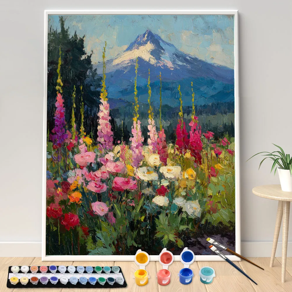 Digitales Acrylmalset zum Selbermachen: Blumenfelder am Fuß der Kunstleinwand, handgemalte Heimdekoration, personalisiertes Überraschungsgeschenk