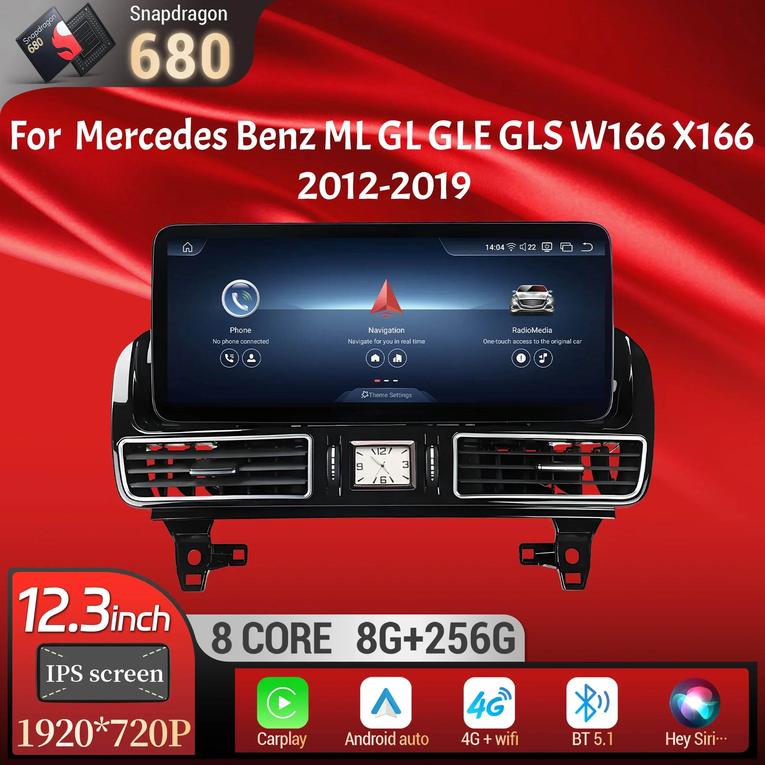 12.3inch Car Radio For Mercedes Benz ML GL GLE GLS W166 X166 2012-2019 Android 14 Wireless Carplay Snapdragon 685 Touch Screen