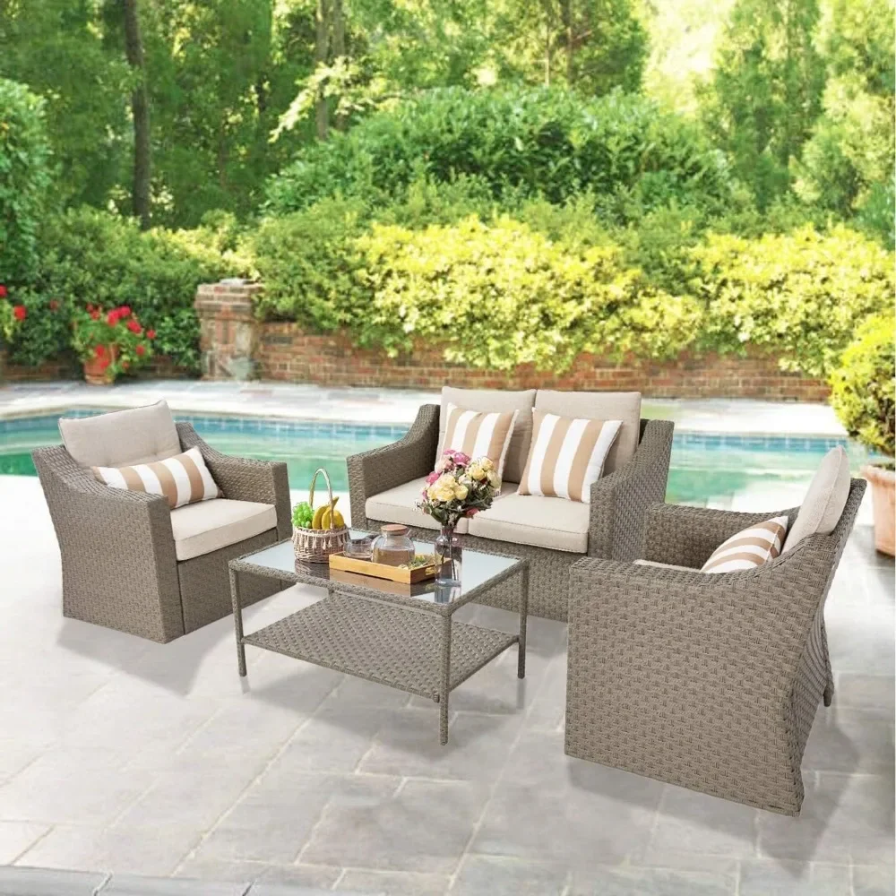 Outdoor Patio Furniture Set 7-Piece Wicker Conversation Furniture Set Patio Lounge Chairs with Ottoman & Loveseat