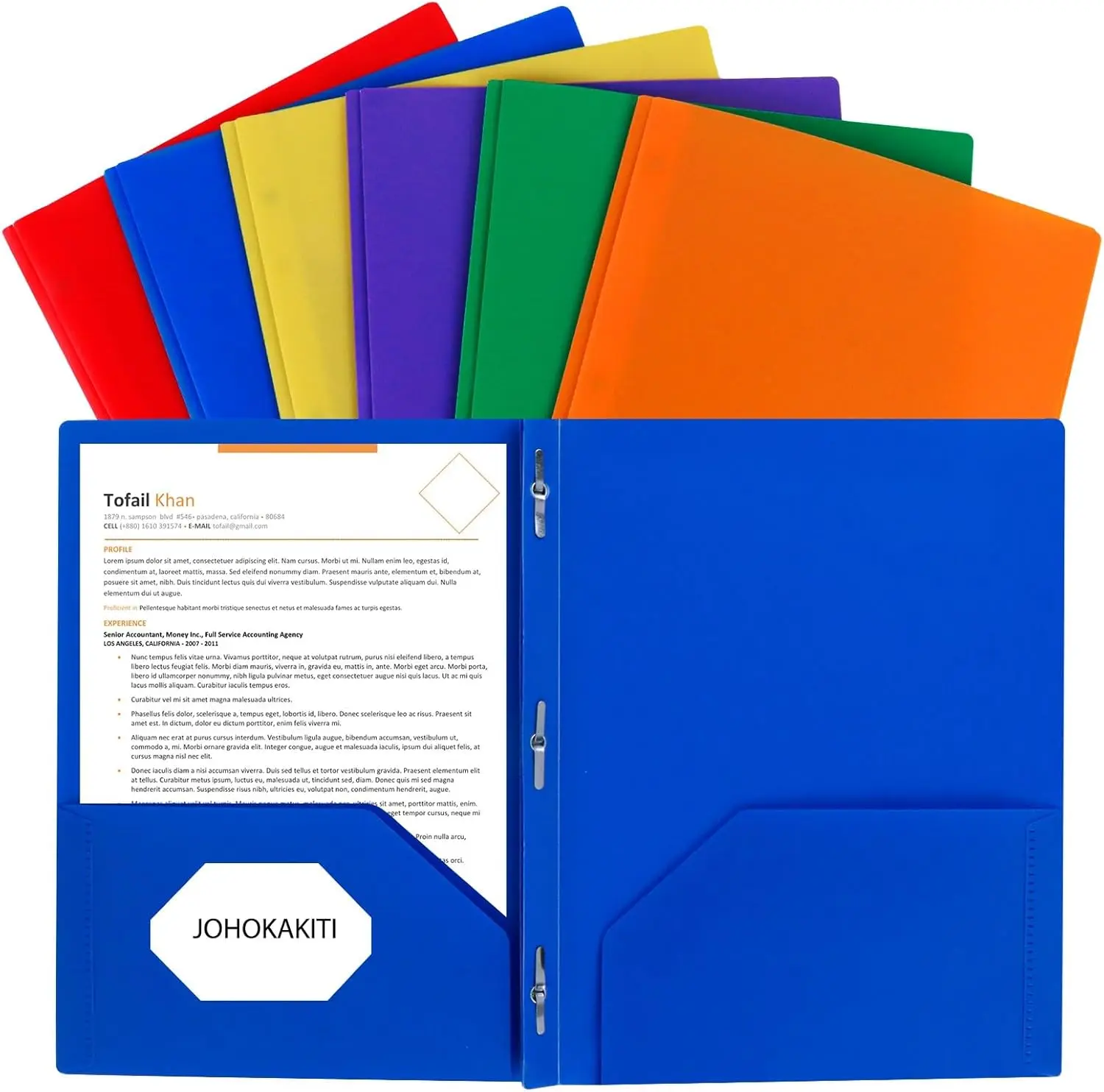 

6 Pack Pocket Folders with 3 Metal Prong Fasteners, Durable Plastic Pocket Folders with Prongs, 6 Color Heavy Duty, Letter Size