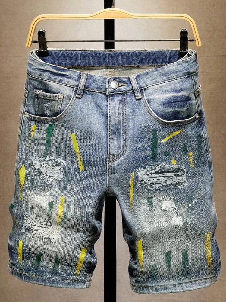 

Men's Ripped Denim Shorts Distressed Paint Splatter Bermuda Knee Length Jeans Streetwear Casual Trendy Summer Popular Shorts