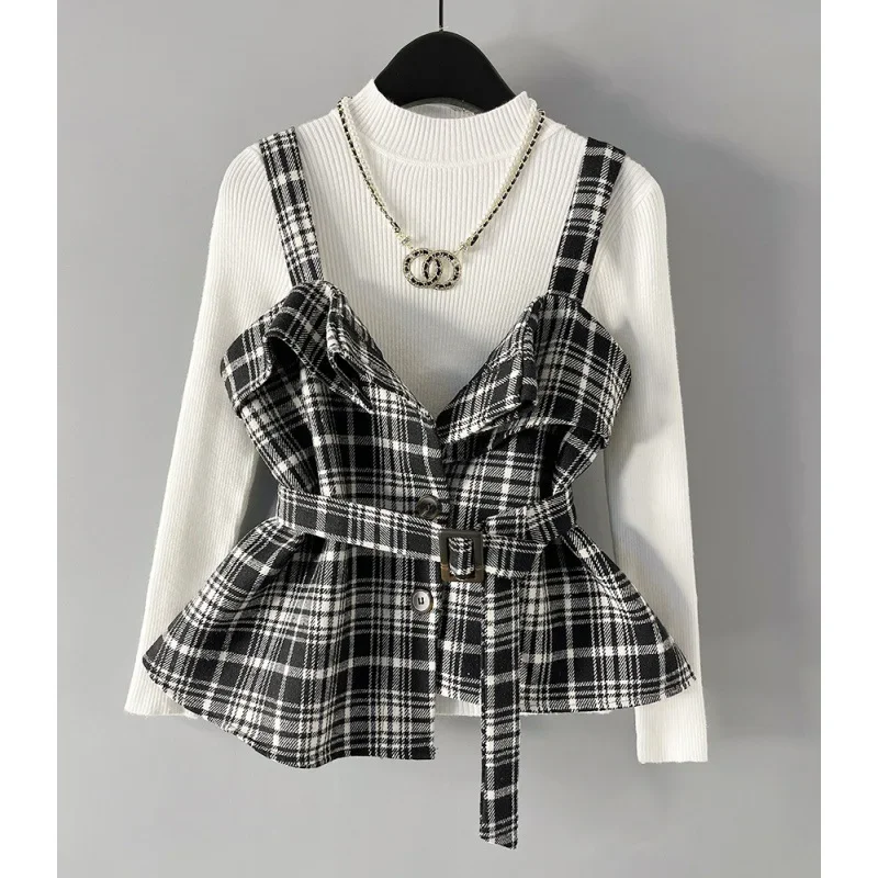 الراقية تويد منقوشة سترة غير متناظرة + طبقة قاعدة سترة + مطوي تنورة صغيرة المرأة طاقم الرقبة البلوز معطف