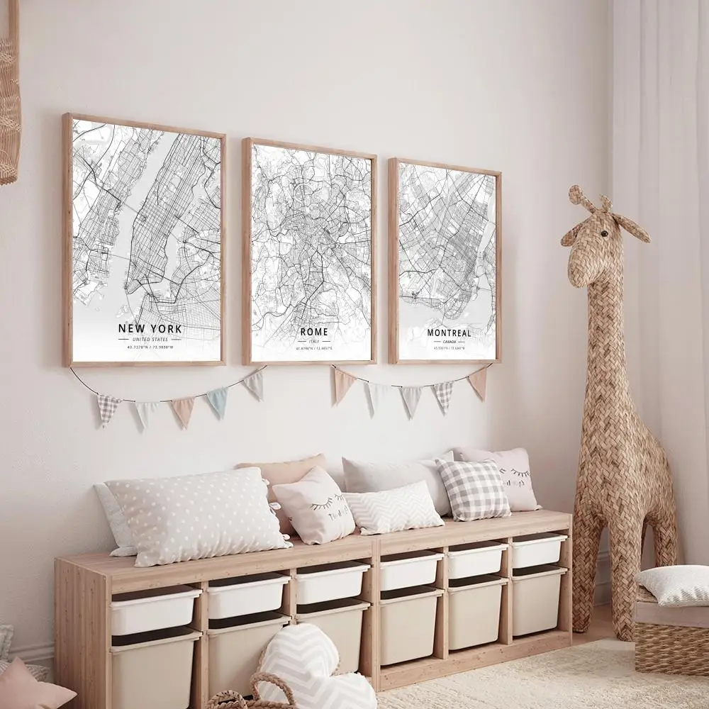 خريطة أبيض وأسود لوس أنجلوس نيويورك اللوحة الخط HD قماش المشارك غرفة المعيشة غرفة نوم بار الديكور الجمالي