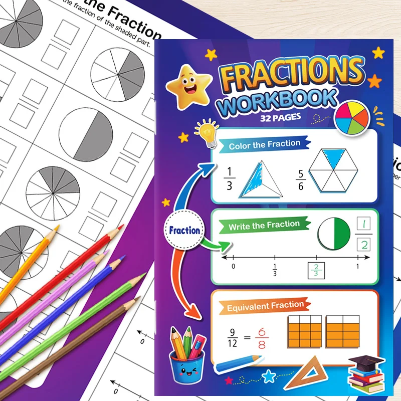 A Pocket Math and Arithmetic Book for Fraction Calculation, Daily Fraction Calculation Consolidation Exercise Book, 32 Pages