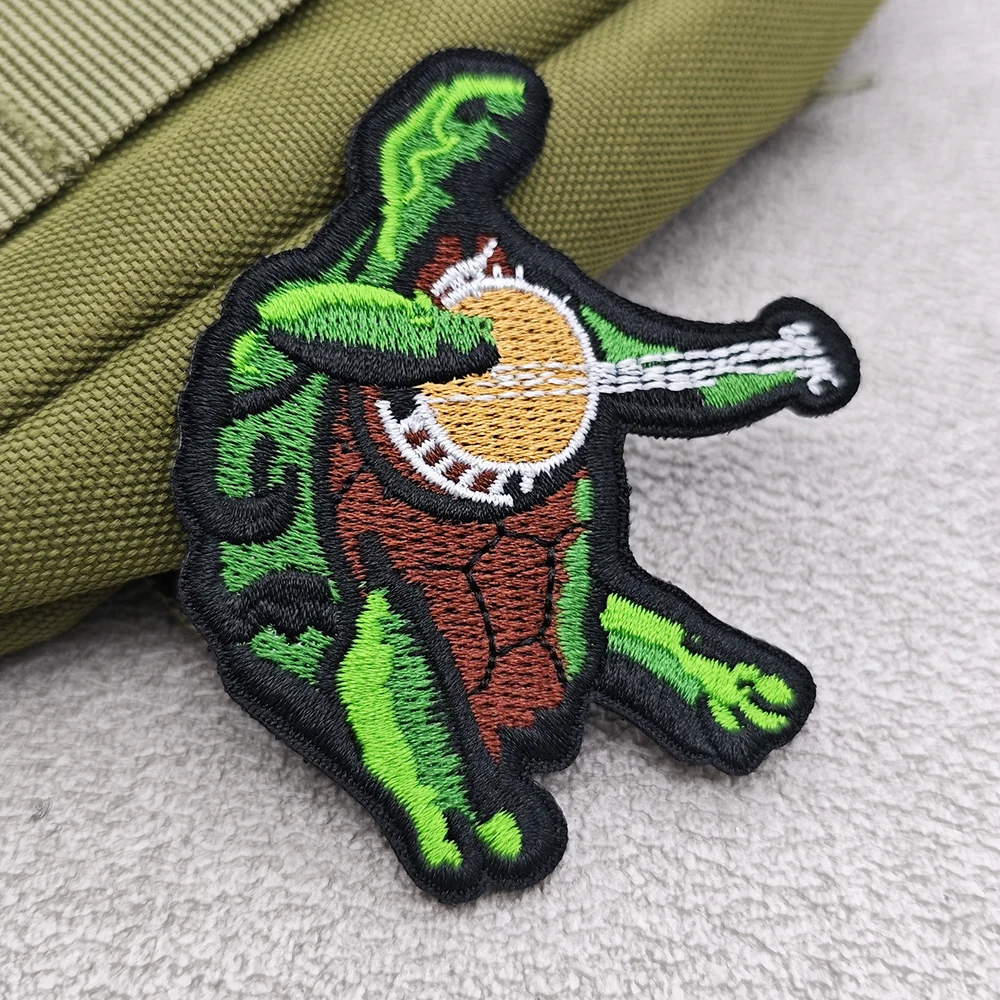 Turtle Playing Banjo Embroidered Morale Patch Hook & Loop Tactical Badge Cartoon Animal Music Patch for Backpack Hat Jacket Vest
