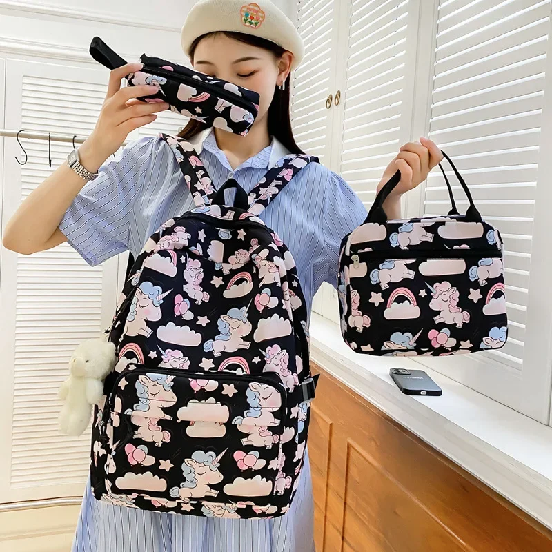 Conjunto de mochila de unicornio de dibujos animados, mochila escolar primaria y secundaria impermeable, conjunto de tres piezas, bolsa de almuerzo para niñas, bolsa de lápices