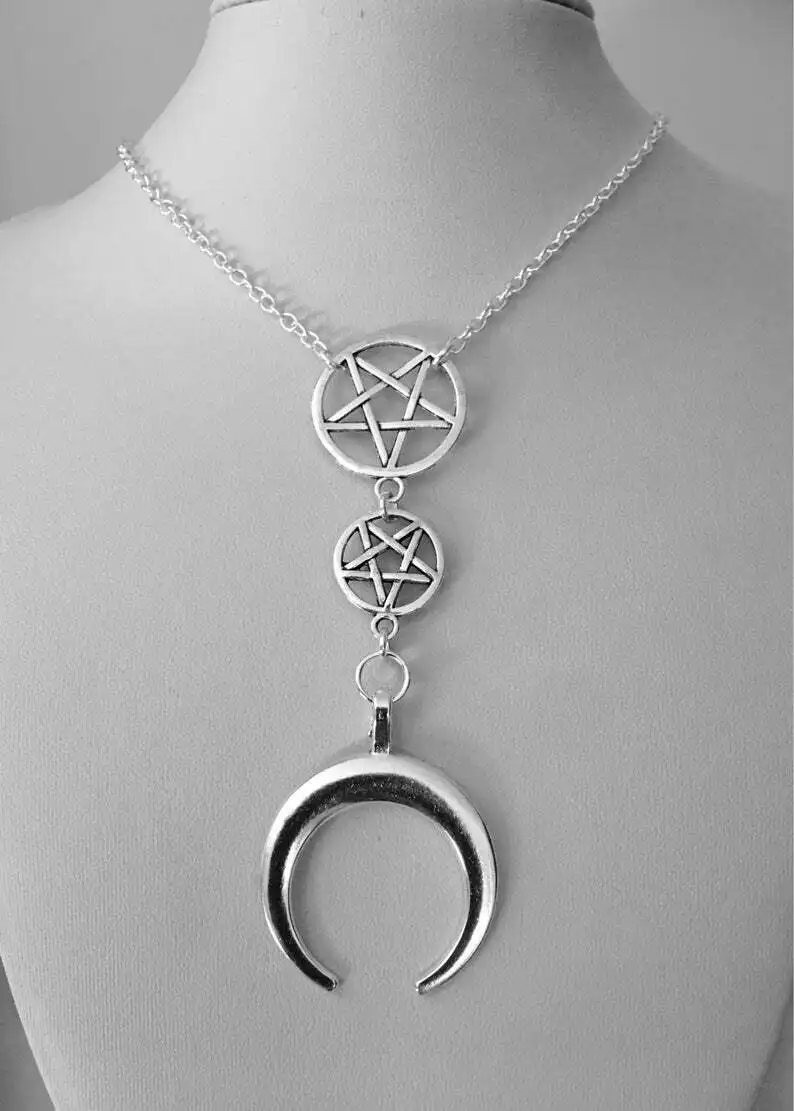 Crescent Necklace, Mystic, Esoteric, Gothic, Gothic, Satan Symbol, Pentagram Pendant Necklace Pendant