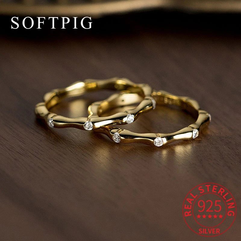 

SOFTPIG Real 925 Sterling Silver Zircon Bamboo 18K Gold Ring For Women Party Cute Plant Fine Jewelry Minimalist Accessories