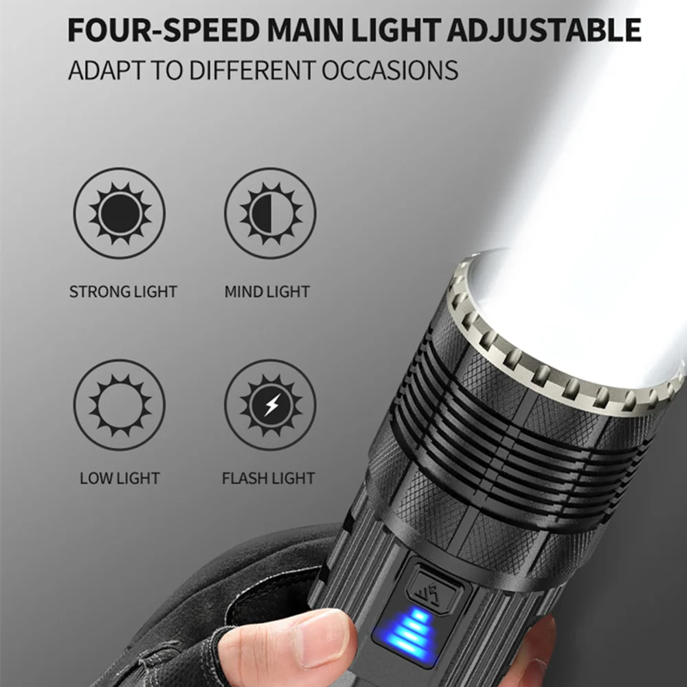 Super Bright Spotlight Long Range LED White Light Flashlight 2000 Meters With Three-Color Induction Taillight Zoom Torch