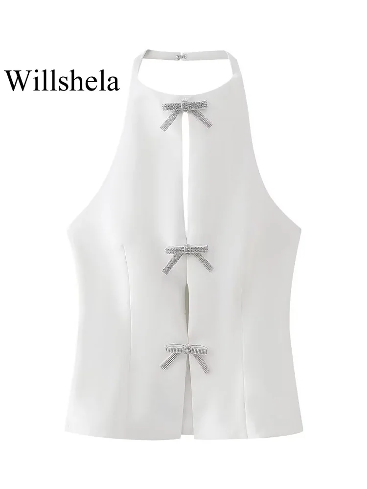 Willshena moda donna con fiocco di diamanti cerniera laterale solida top senza schienale Vintage Halter Neck senza maniche donna Chic Lady Tops