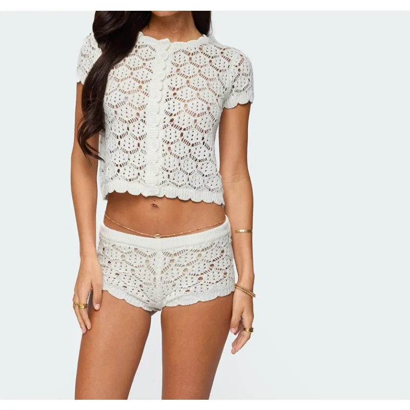 

2026 Spring and Summer Women's Clothing Fashion Suit Comfortable Casual Vacation Style Hollow Top Shorts Dress