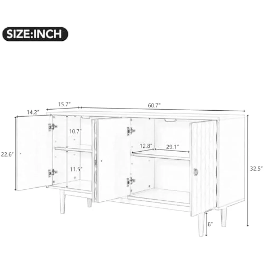 60 Sideboard Buffet Cabinet with Storage, Modern Apricot Credenzas Entryway Table for Living Room Kitchen Bar, 4 Convex Designed