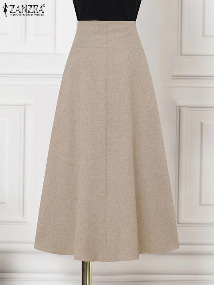 Elegante plissado maxi saias de cintura alta saias de escritório feminino casual solto zíper botões overskirts a linha inferior senhora zanzea 2025