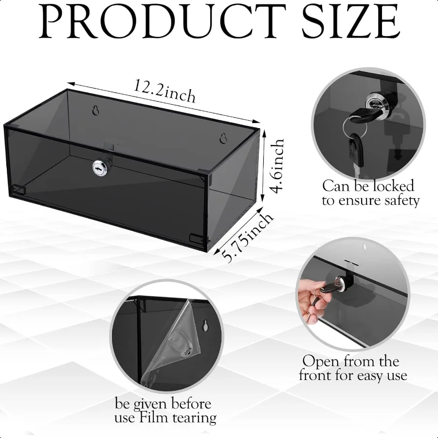 Refrigerator Medicine Lock Box with Keys and Mounting Hardware 12 x 6 x 4.5 Inch Wall Mount Locking Medicine Box Black Acrylic
