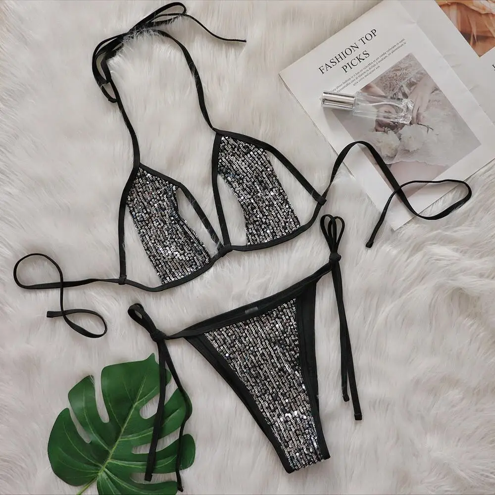 2024 Shiny Sequins Halter Cut Out Strappy Bikini Female Swimsuit Women Swimwear Two-pieces Bikini set Bather Bathing Suit Swim