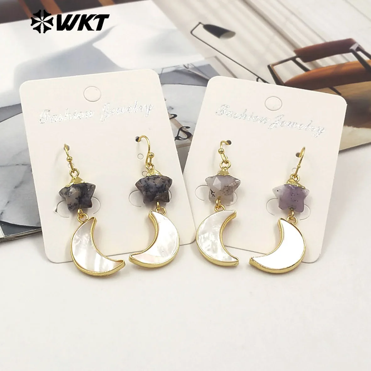

WT-MPE152 Lovely Design Natural Stone And Shell Earrings Star Moon Shape Charms Gold Electroplated For Ladies Jewelry Gift