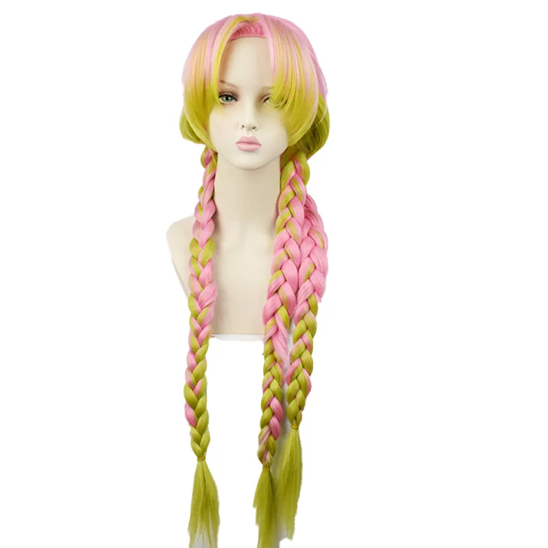 Kanroji-Peluca de Cosplay Mitsuri, trenzas largas, cabello sintético resistente al calor