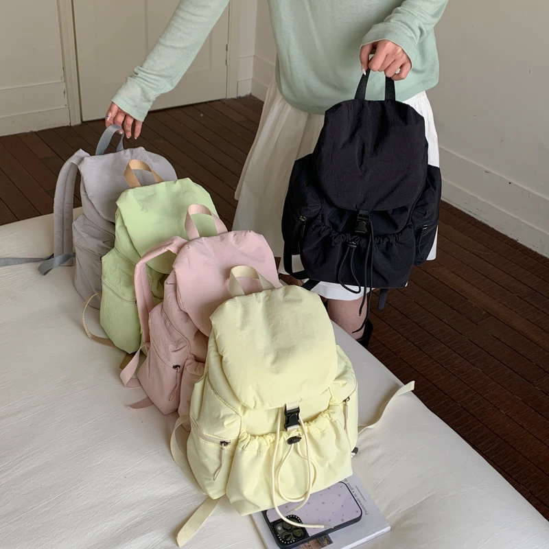 

Summer Fashion Solid Color Drawstring Backpacks for Women Preppy Style Lightweight Nylon Knapsack School Student's Book Bags