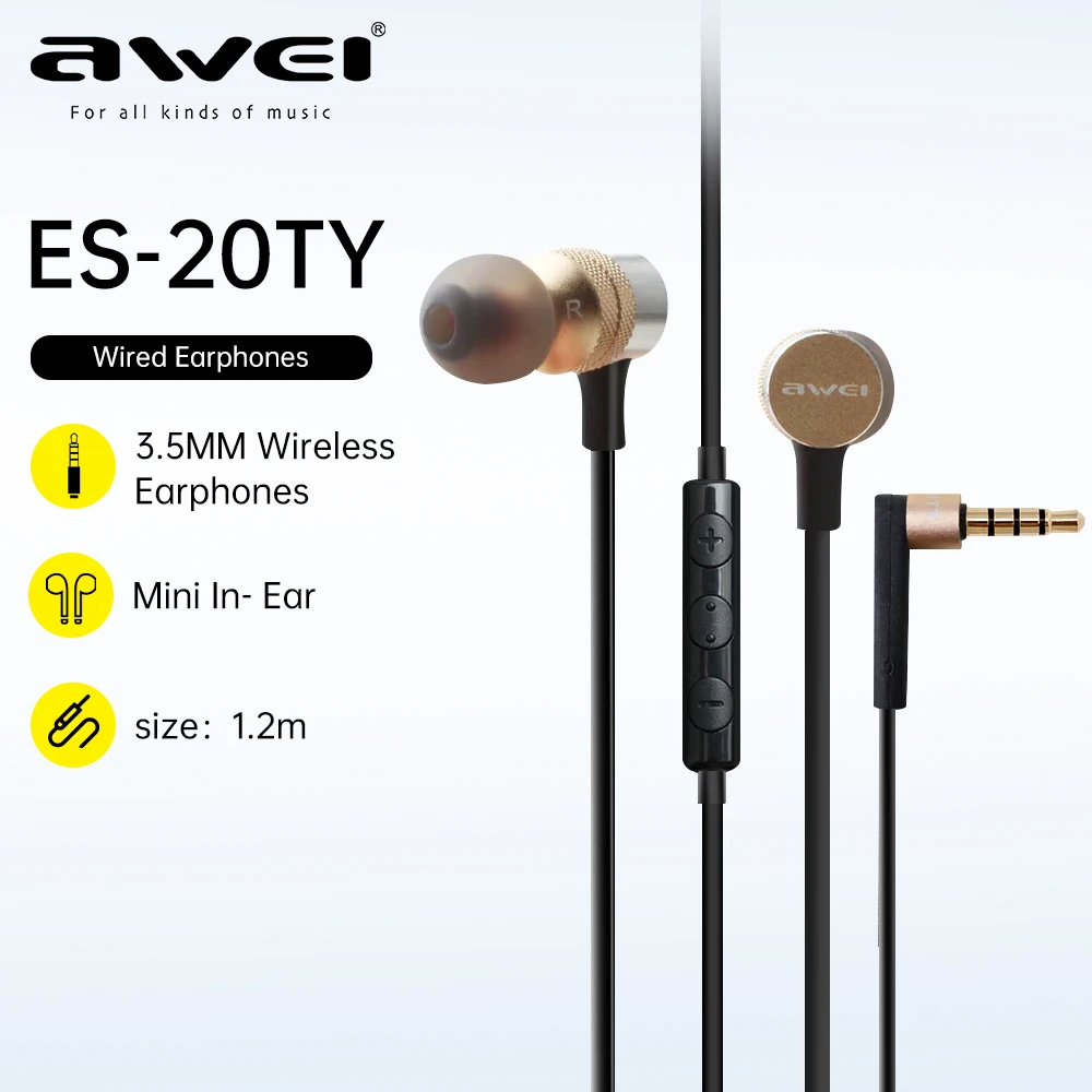 

Awei ES-20TY 3.5mm Wired Sports Headset In-Ear Earphones With Mic Metal HiFi Bass Stereo Sports Headset For Mobile Phone PC MP3
