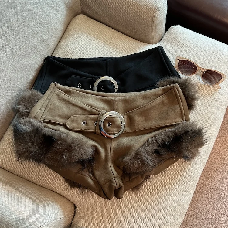 Women's Autumn Winter Faux Fur Patchwork Low Waist Shorts Lady Hot Girl Fuzzy Shorts ss