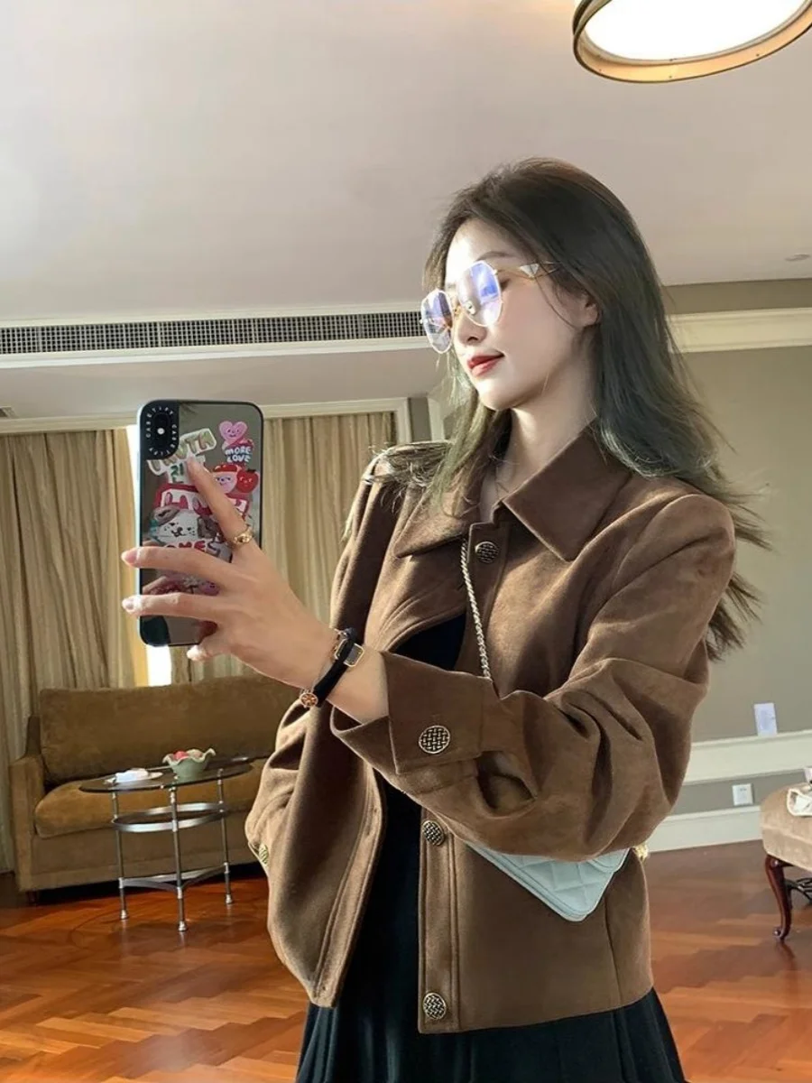 

Caramel Suede ort Jaet Women's Loose Casual Sle Spring Autumn Korean Faion Retro INS Small Size Coat Top