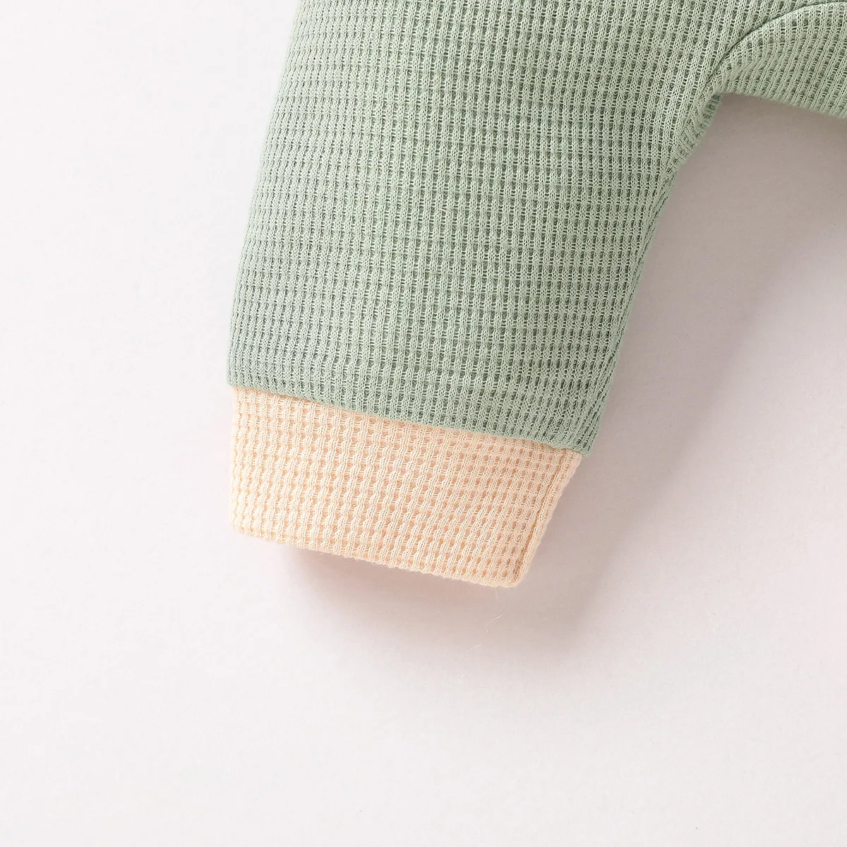 Baby Newborn Boys Spring/Autumn Long Sleeve With Button Green Solid Waffle Casual Jumpsuit