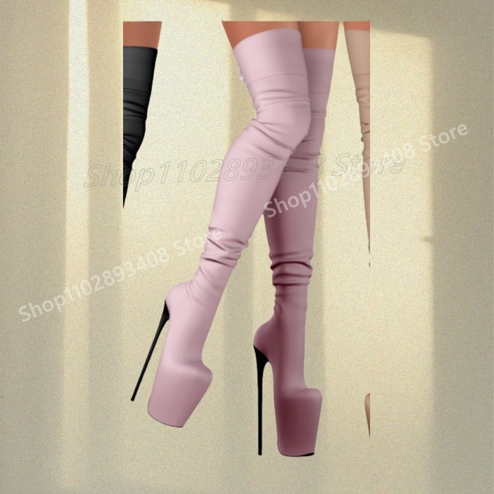 

Pink Platform Matte Leather Over the Knee Boots Back Strappy Stilettos High Heel Women Shoes 2025 Spring Zapatos Para Mujere