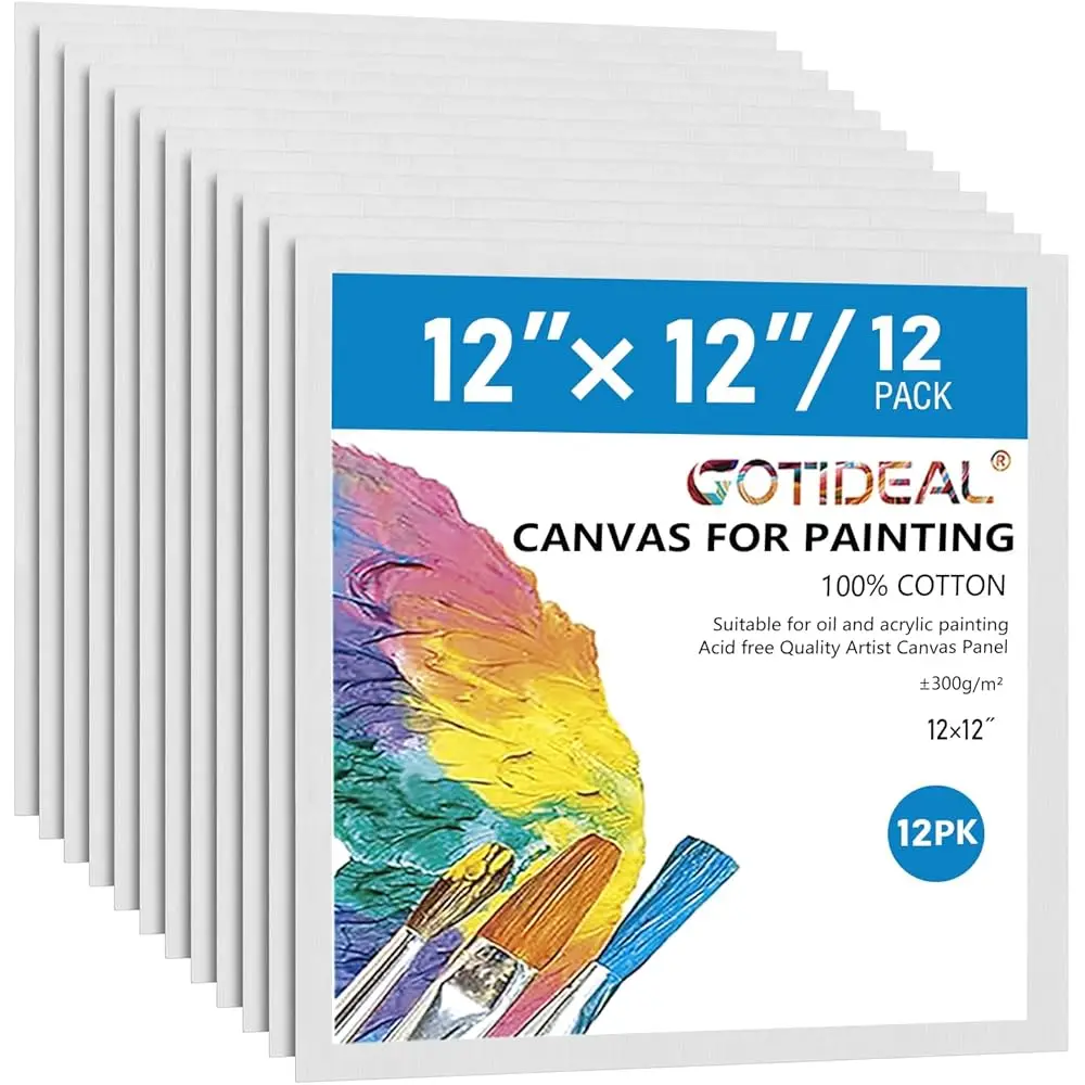 Canvases for Painting, 12x12 inch of 12, Professional Primed White Blank Flat Canvas Panels- 100% Cotton Artist Canvas Board