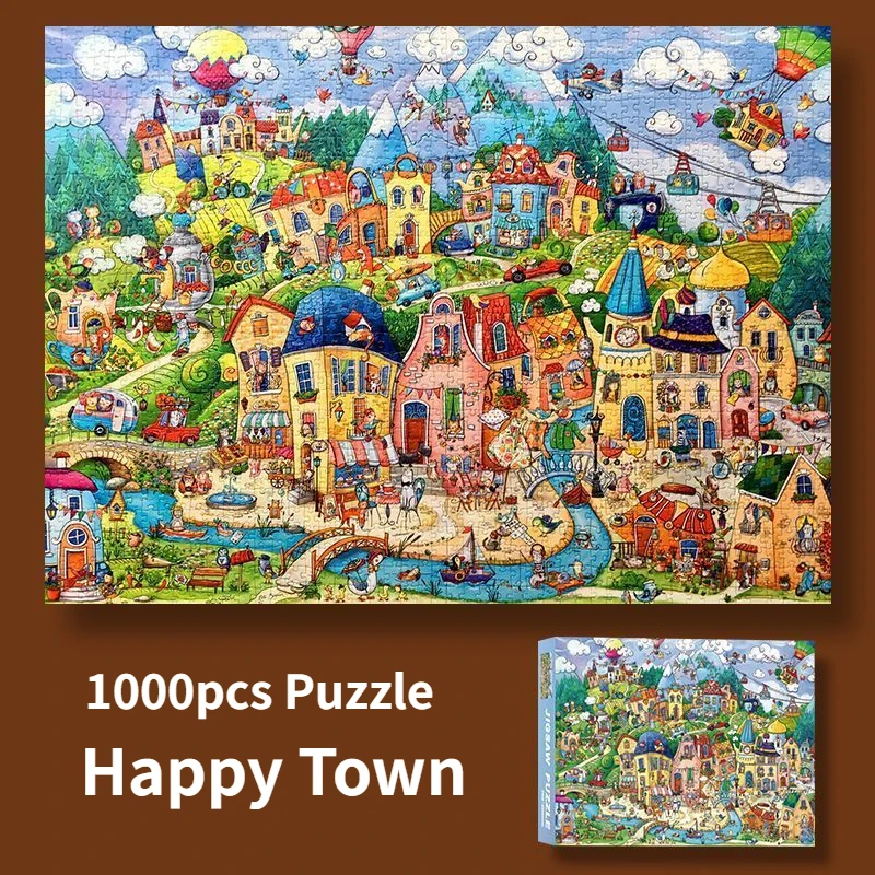 70*50cm Adult 1000 Pieces Jigsaw Puzzle Happy Town Beautiful Landscape Paintings Stress Reducing Toys Christmas Gifts