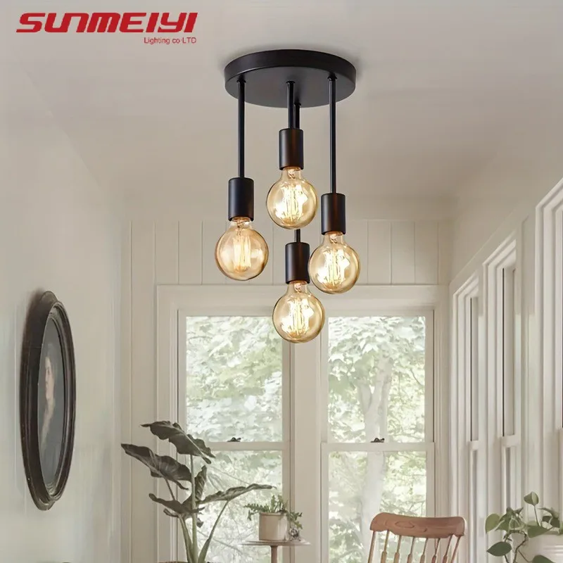 1pc Black Modern Simple Four-head E27 Bulb Base Ceiling Lamp Suitable for Entrance Bedroom Kitchen Corridor Chandelier