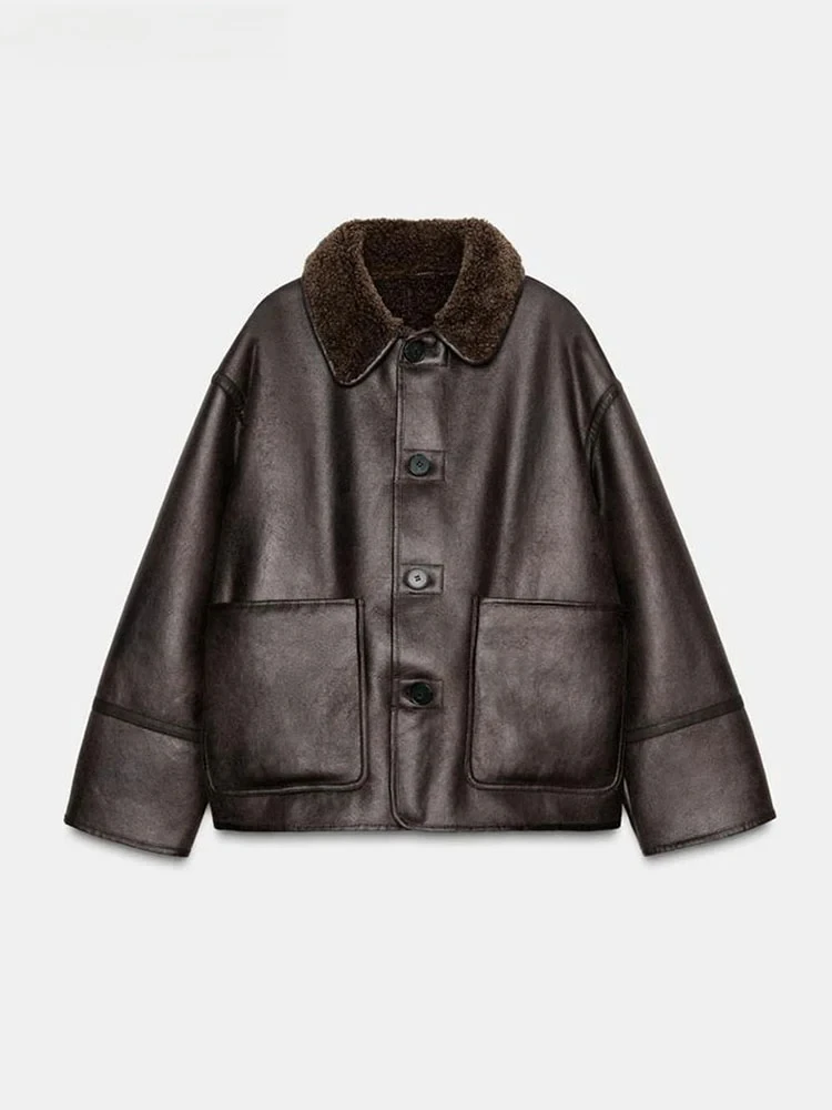 

Fashion Double Sided Solid Jacket Women Lapel Collar Single Breasted Long Sleeve Coats 2025 Autumn New Lady Utility Outerwear